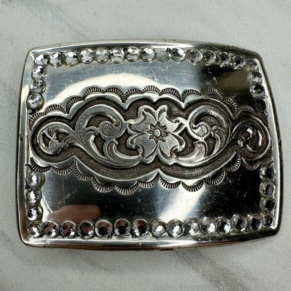 Vintage Accessories - Vintage 1995 Western Rhinestone Belt Buckle Flower Scroll Silver ✨